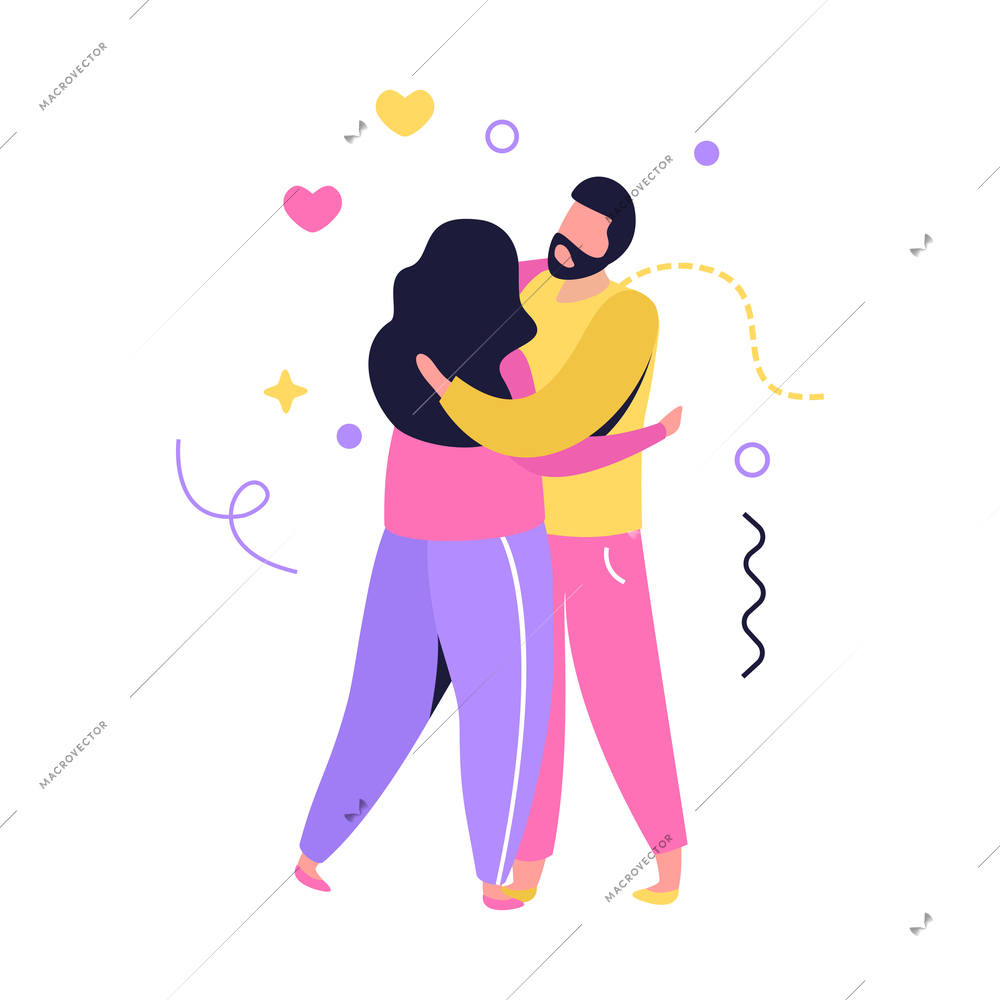 Hug day flat composition with human characters of loving couple hug vector illustration