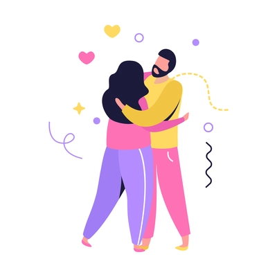 Hug day flat composition with human characters of loving couple hug vector illustration