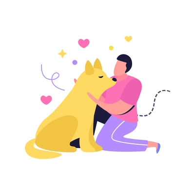 Hug day flat composition with human character of dog owner embracing his pet vector illustration
