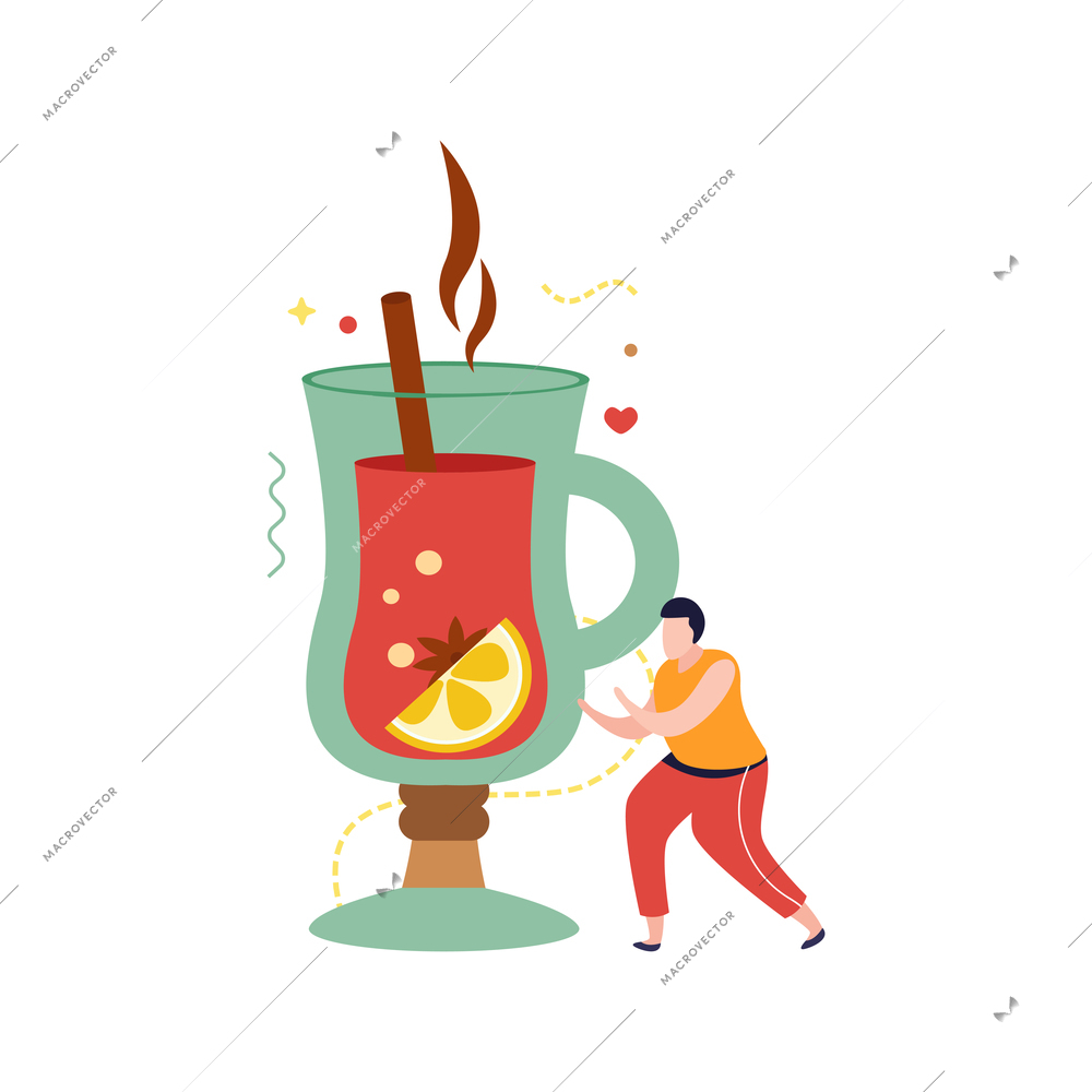 Happy winter flat composition with glass of hot mulled wine with lemon slice and cinnamon stick vector illustration