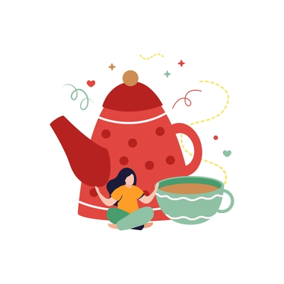 Happy winter flat composition with woman sitting near big tea pot with cup vector illustration