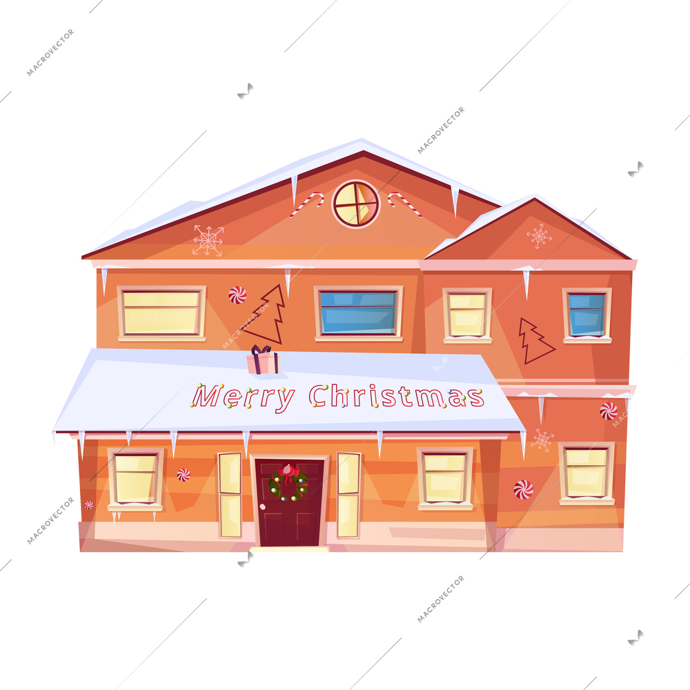 Christmas flat composition with isolated image of living house with decorations on blank background vector illustration