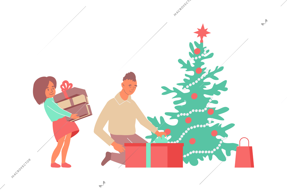 Christmas flat composition with human characters of children and gift boxes under new year tree vector illustration