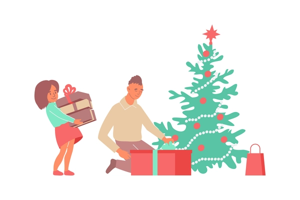 Christmas flat composition with human characters of children and gift boxes under new year tree vector illustration