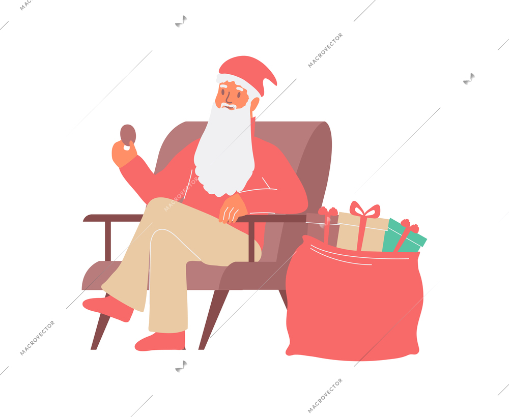 Christmas flat composition with human character of santa sitting in chair near gifts sack vector illustration