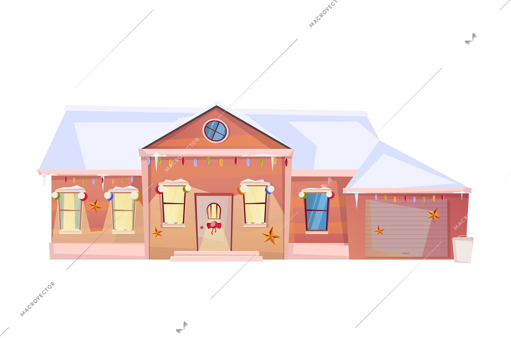 Christmas flat composition with isolated image of living house with decorations on blank background vector illustration