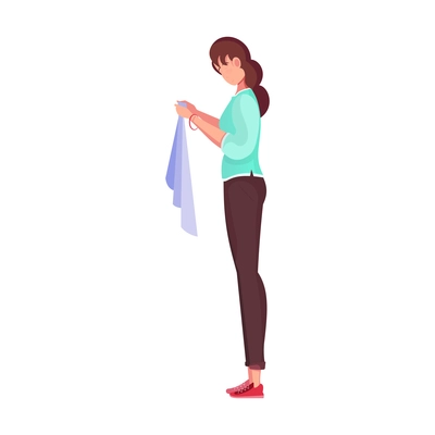 Tailoring flat composition with female character of tailor holding clothe in hands vector illustration