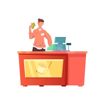 Tailoring flat composition with male character of cashier with money vector illustration