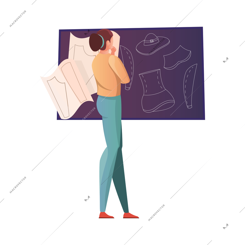 Tailoring flat composition with female character of wear designer with drafts on blackboard vector illustration