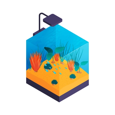 Isometric aquarium composition with isolated image of modern aquarium with lamp on blank background vector illustration