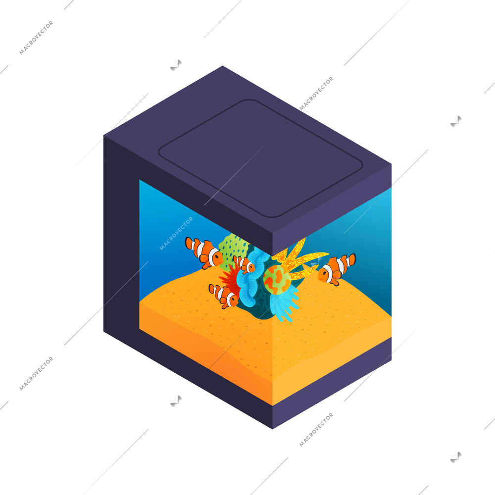 Isometric aquarium composition with isolated image of modern style aquarium on blank background vector illustration