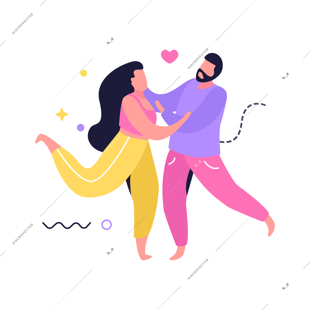 Hug day flat composition with human characters of loving couple dancing together vector illustration