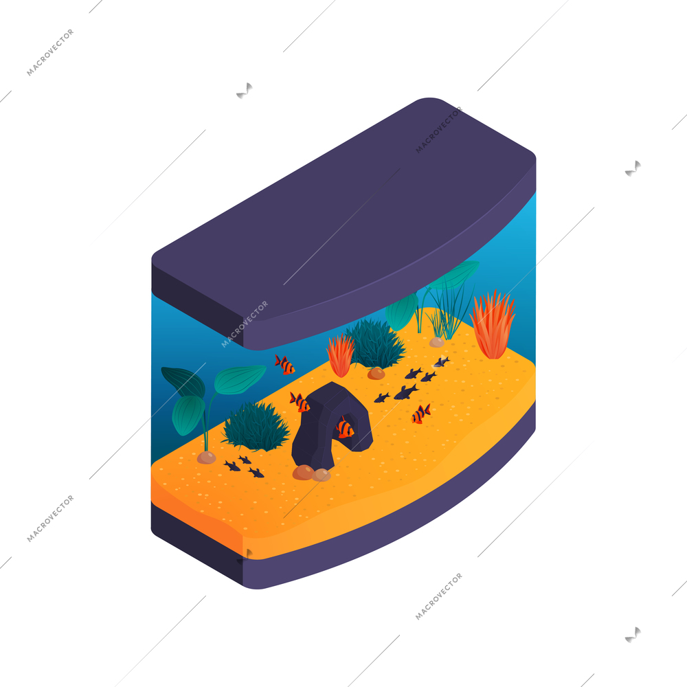 Isometric aquarium composition with isolated image of modern aquarium with fishes vector illustration