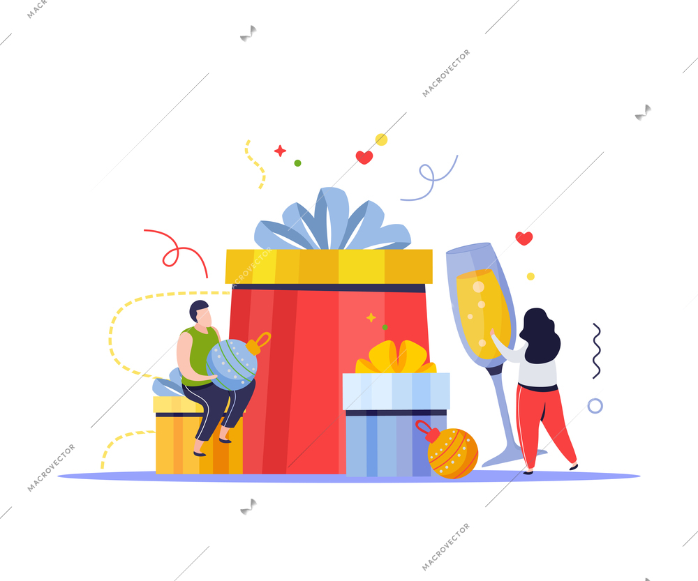 Merry christmas and happy new year composition with human characters and gift boxes with ribbon bows vector illustration