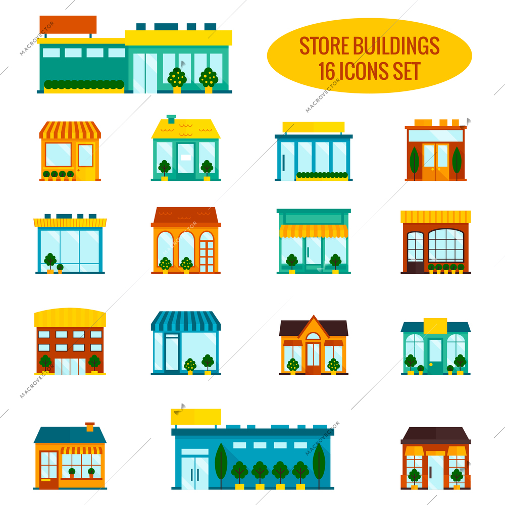 Store shop front window buildings icon set flat isolated vector illustration