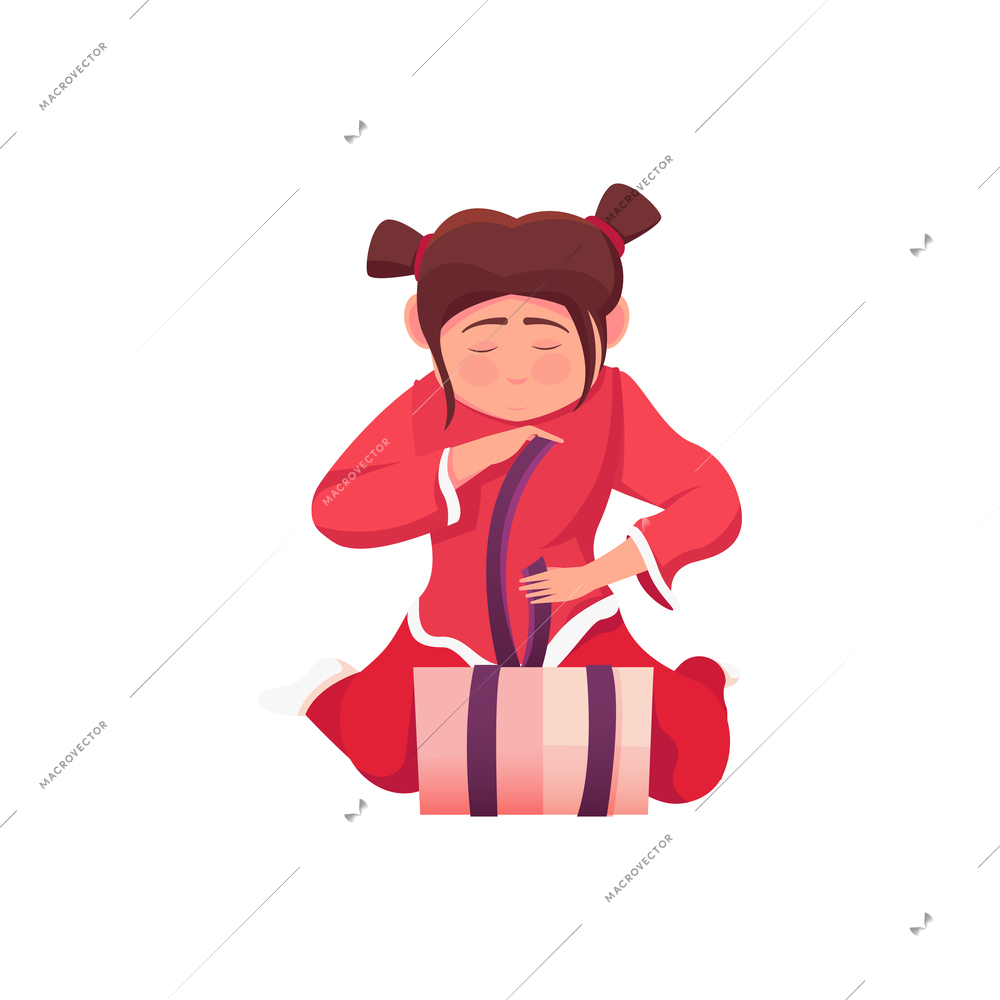 Christmas flat composition with human character of little girl unlacing ribbon of gift box vector illustration