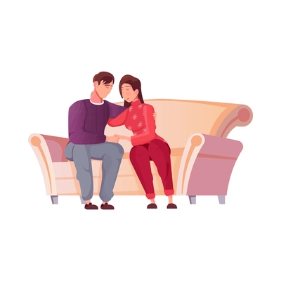 Christmas flat composition with human characters of loving couple sitting on sofa vector illustration