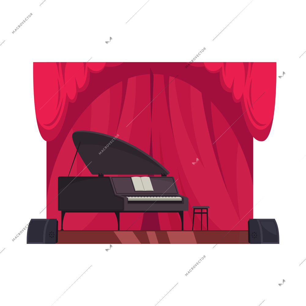 Concert hall or theatre stage with piano and red curtains flat vector illustration