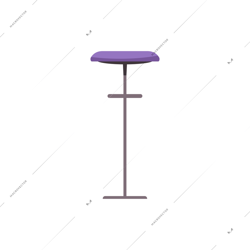 Flat icon of high chair with steel leg and purple seat for bar interior vector illustration