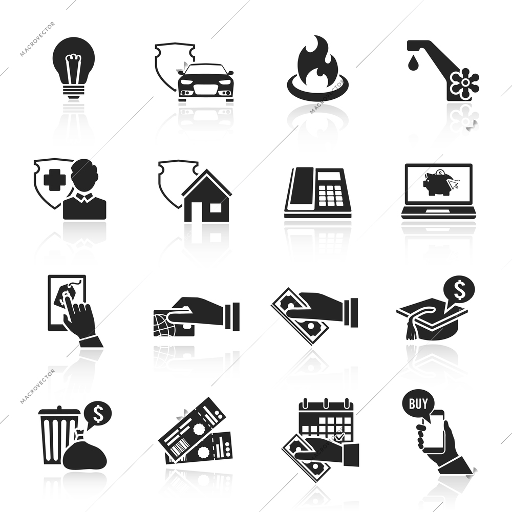 Pay bill taxes payment deposit icons black set isolated vector illustration