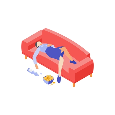 Burn-out syndrome isometric icons composition with woman lying on sofa with water and chips vector illustration