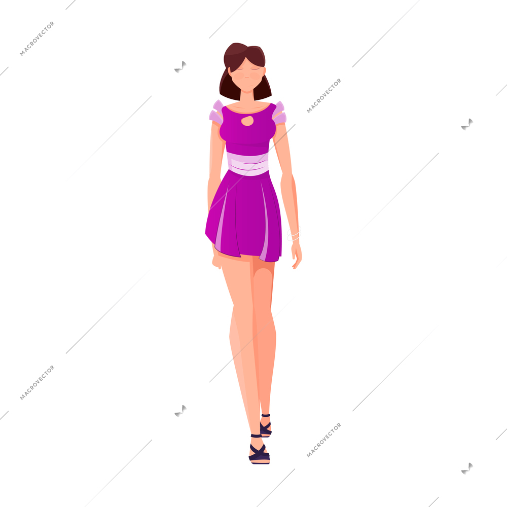 Tailoring flat composition with human character of female model in short purple dress vector illustration