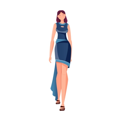 Tailoring flat composition with human character of female model walking in long dress vector illustration