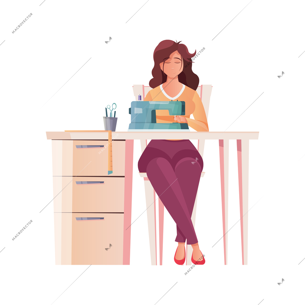 Tailoring flat composition with human character of female tailor working at table with sewing machine vector illustration