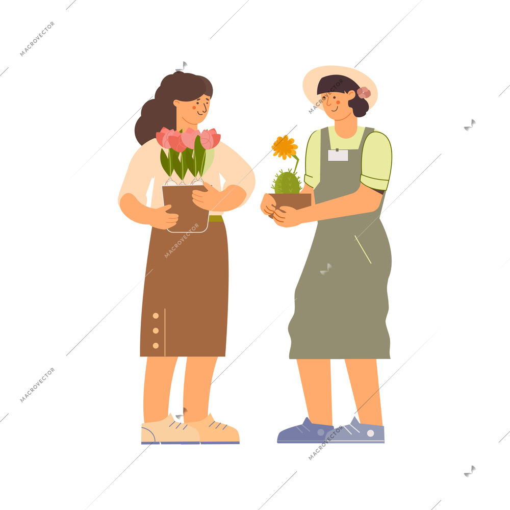 Floristics flat composition with characters of women with flowers in pots on blank background vector illustration