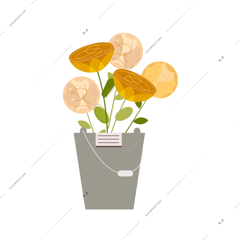 Floristics flat composition with isolated image of bucket full of flowers on blank background vector illustration