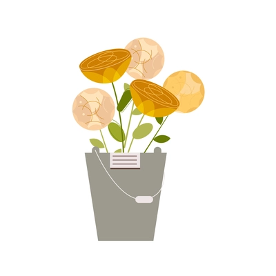 Floristics flat composition with isolated image of bucket full of flowers on blank background vector illustration