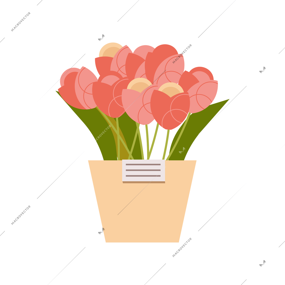 Floristics flat composition with isolated image of pot with pink flowers and tag on blank background vector illustration