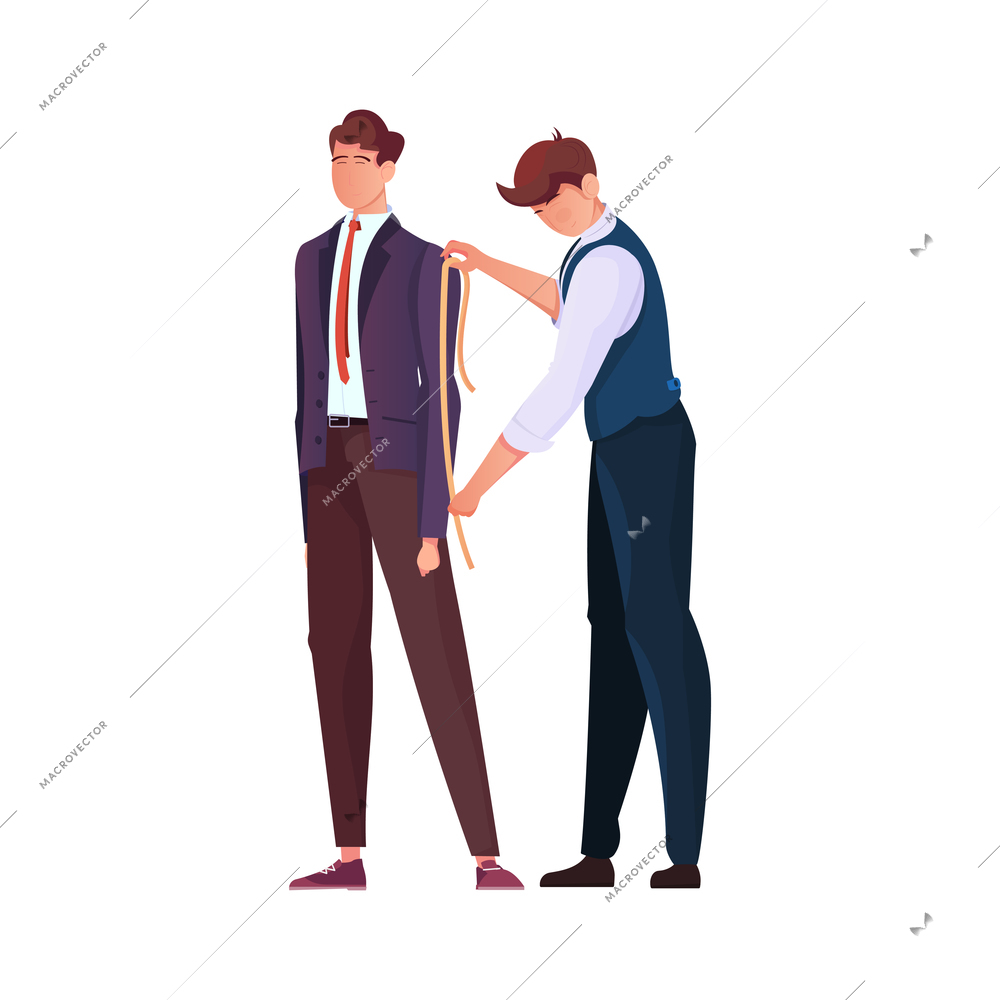 Tailoring flat composition with human character of tailor measuring sleeve length of clients jacket vector illustration