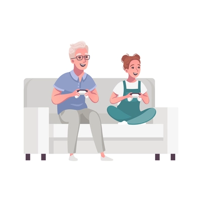 Happy senior man playing with his granddaughter cartoon vector illustration