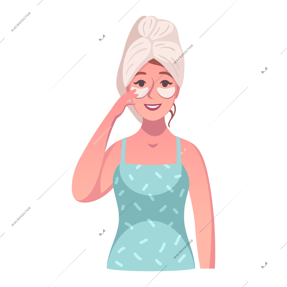 Woman with towel on her head applying cosmetic eye patches cartoon vector illustration