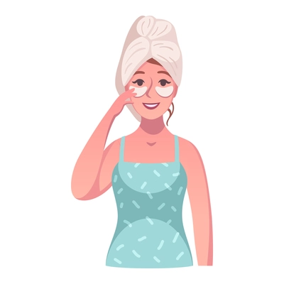 Woman with towel on her head applying cosmetic eye patches cartoon vector illustration