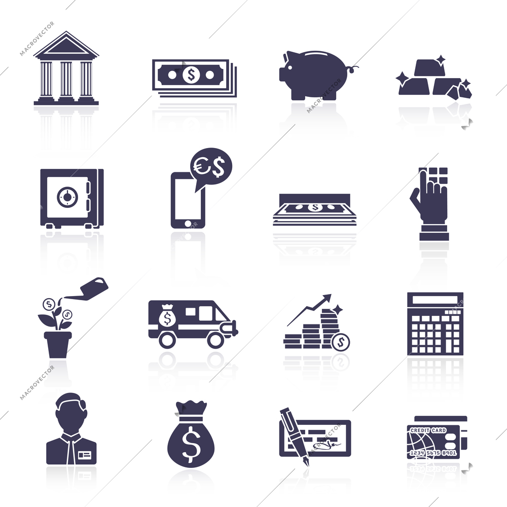 Bank financial wealth and growth service black icons set isolated vector illustration