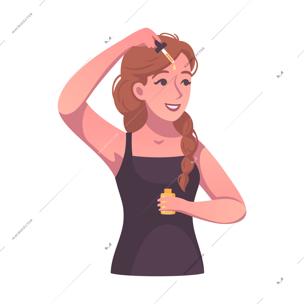 Smiling woman applying cosmetric serum on her face cartoon vector illustration