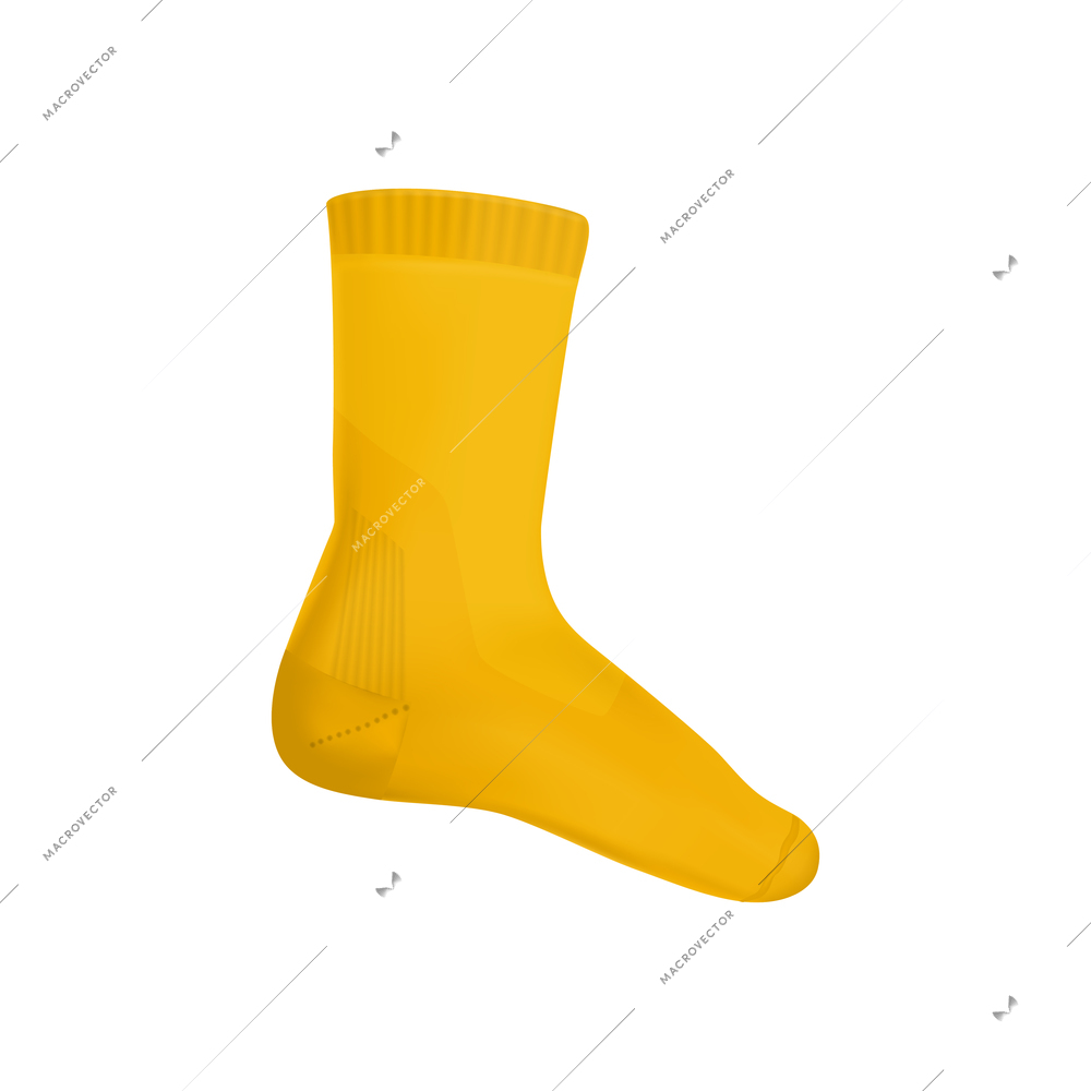 Realistic socks composition with isolated image of single yellow sock with calf on blank background vector illustration
