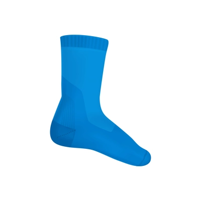 Realistic socks composition with isolated image of single blue sock with calf on blank background vector illustration