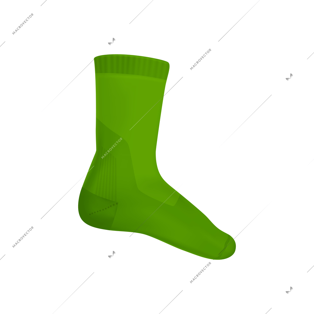 Realistic socks composition with isolated image of single green sock with calf on blank background vector illustration