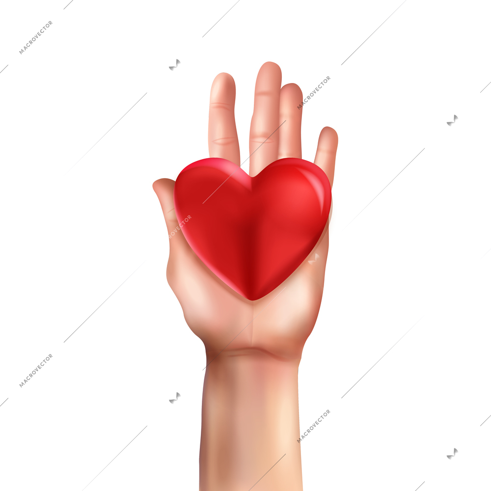 Realistic world day social justice composition with isolated image of human heart in hand vector illustration