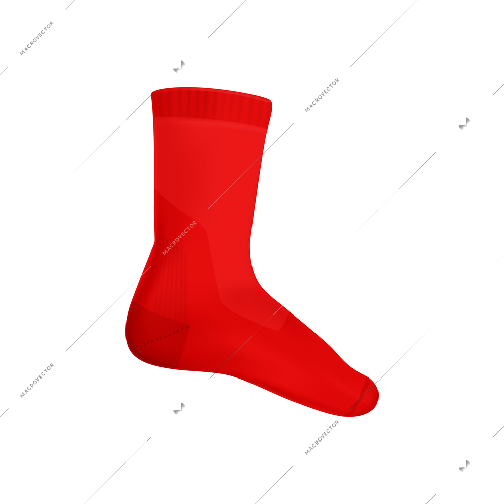 Realistic socks composition with isolated image of single red sock with calf on blank background vector illustration