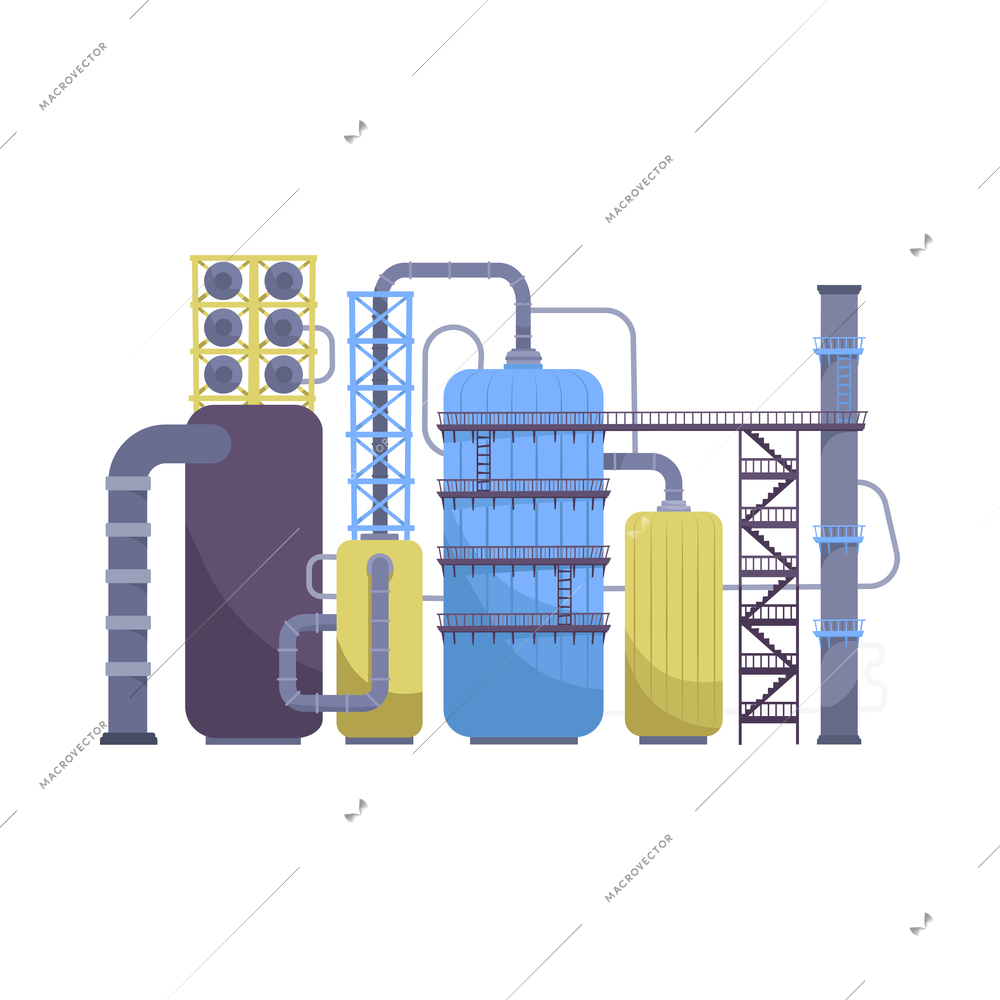 Oil industry flat composition with view of oil refinery plant machinery with tubes and tanks vector illustration