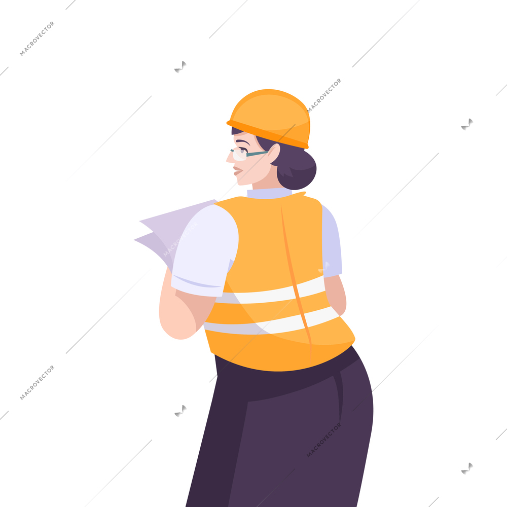 Oil industry flat composition with isolated female character of worker with paper sheets on blank background vector illustration