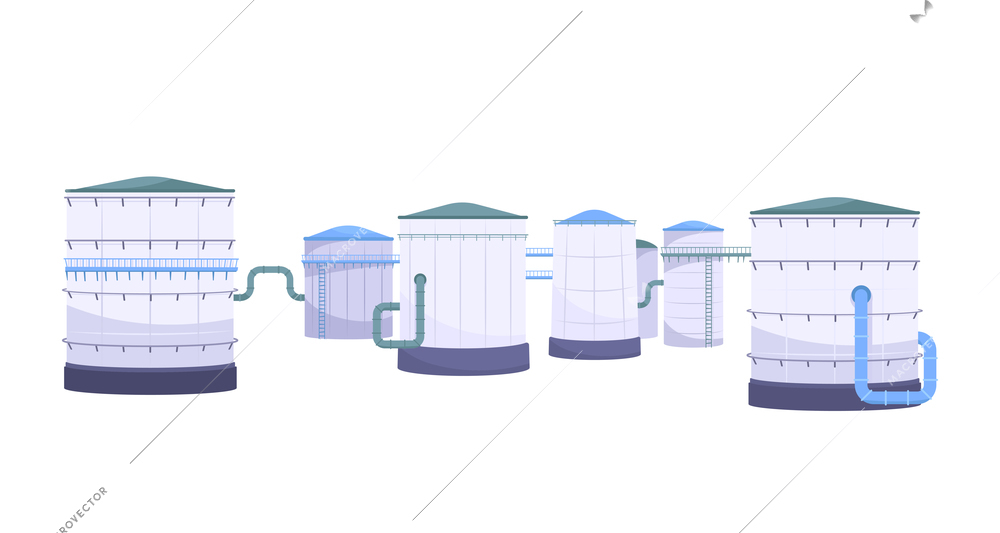 Oil industry flat composition with oil tanks connected containers with tubes on blank background vector illustration