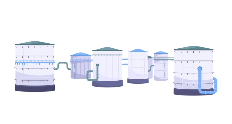 Oil industry flat composition with oil tanks connected containers with tubes on blank background vector illustration