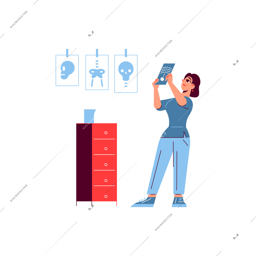 Hospital medicine doctor patient composition with female character checking radiograms of bones vector illustration