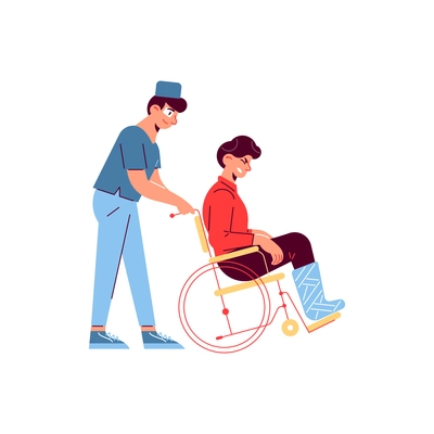 Hospital medicine doctor patient composition with character of disabled person on wheelchair moved by assistant vector illustration