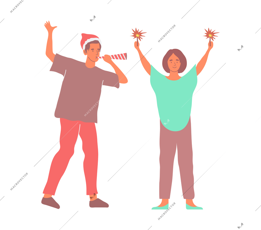 Christmas flat composition with human characters of friends with sparklers and bugle vector illustration